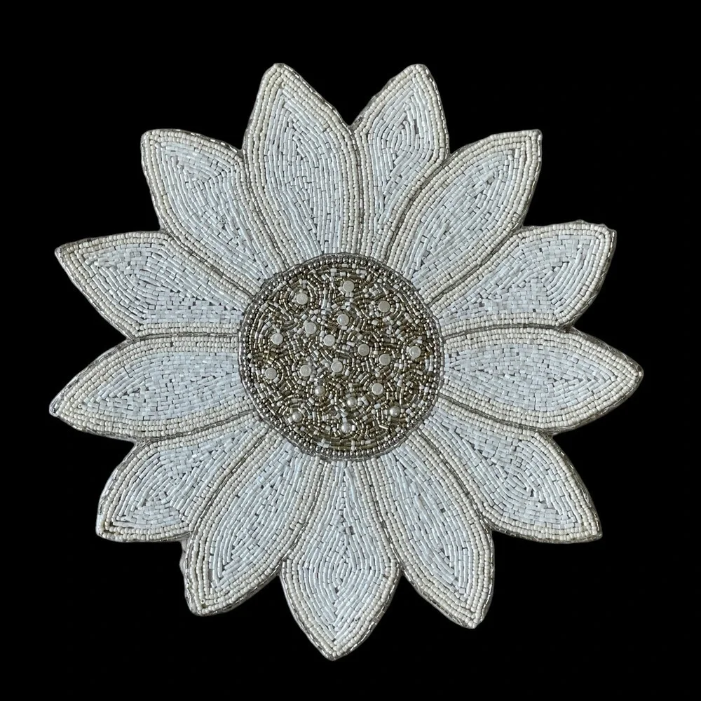 TAHARI HOME Glass Hand Beaded Charger Placemat 15in White Silver Floral NEW